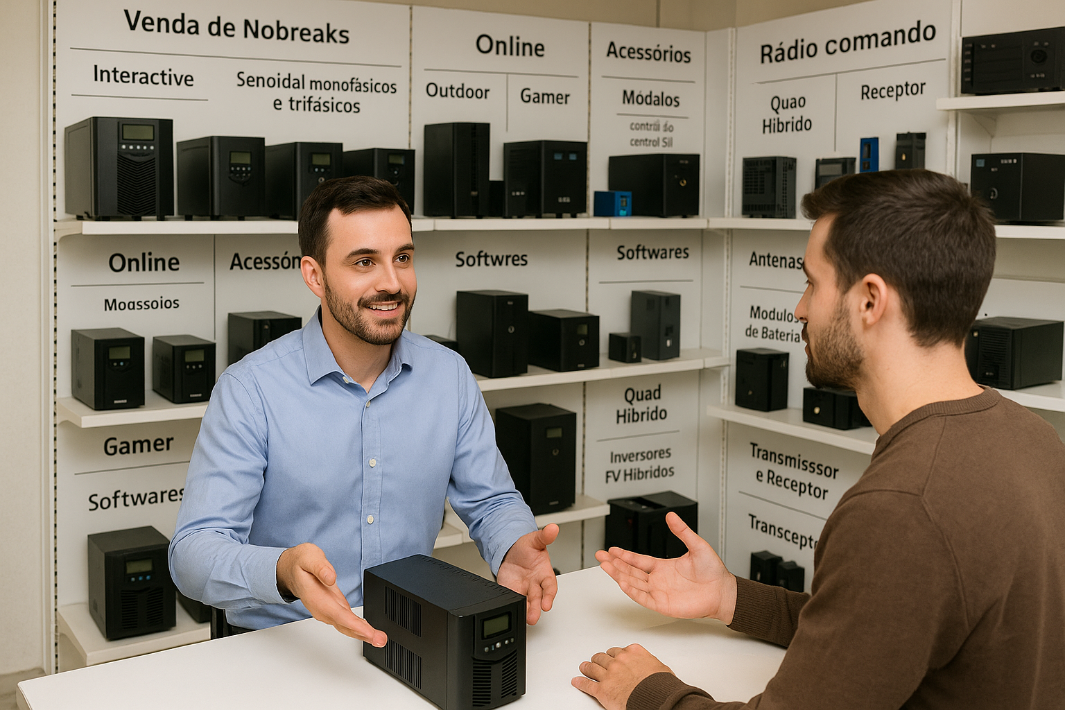 Exposição de nobreaks industriais e módulos de energia da Chiorri em Porto Alegre.
